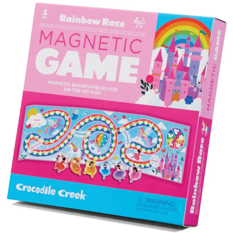 Box packaging for the Rainbow Race Magnetic Game by Crocodile Creek, featuring a bright pink and blue design with illustrations of a rainbow, castle, and a sample of the colorful magnetic game board.