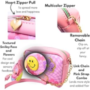 Showing detail of pink, cross-body textured bag with smiley face and flowers, featuring heart zipper pull, multicolor zipper, removable chain, and link chain.
