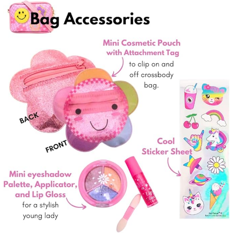 Showing bag accessories including a mini cosmetic pouch, eyeshadow palette, and sticker sheet on a white background.