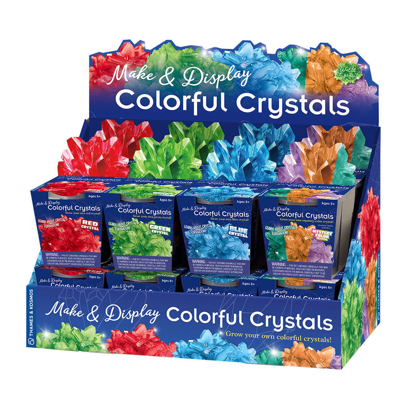 Thames & Kosmos Make & Display Colorful Crystals kit display showing multiple crystal growing sets