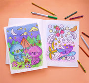 Color Craze Cuties coloring book pages showing cute camping characters and kawaii food illustrations with crayons