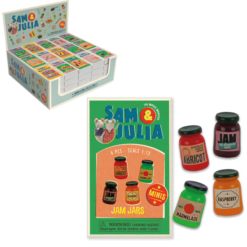 Sam & Julia Mini Jam Jars toy set, showing the retail display box, the product box, and four miniature glass jars with labels for apricot, jam, magmelade, and raspberry on a white background.