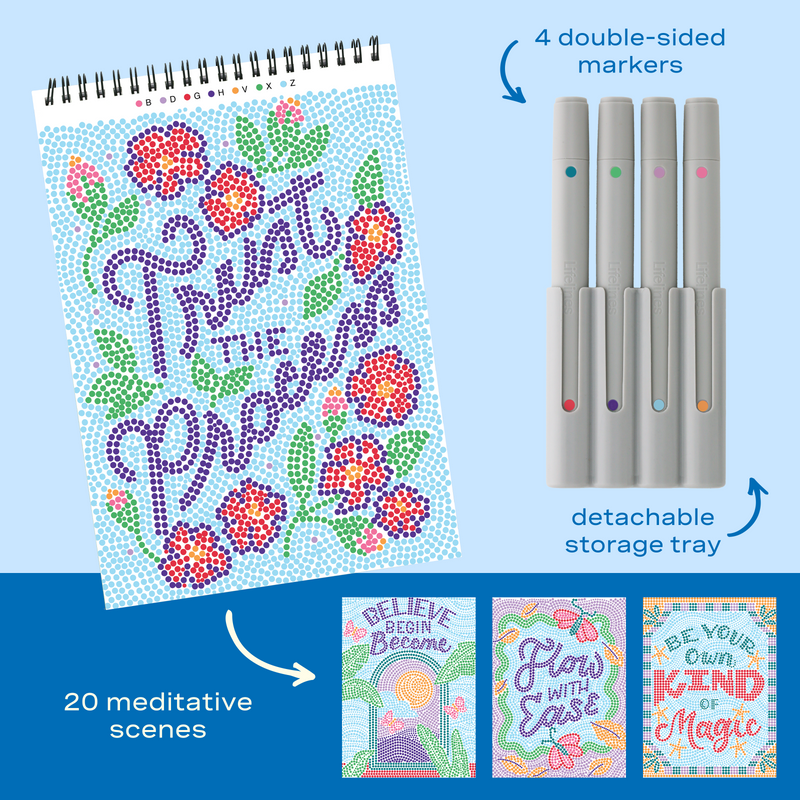 FlowArt dot-by-letter kit with spiral notebook, markers, and completed meditative scenes