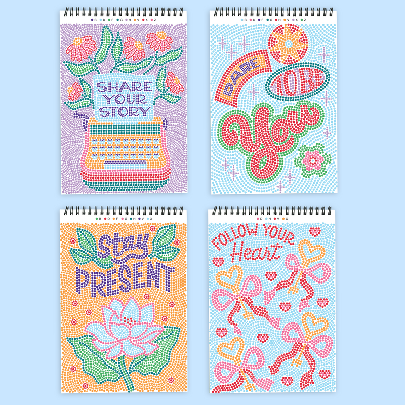Four spiral-bound dot art activity books with colorful dotted designs and inspirational text