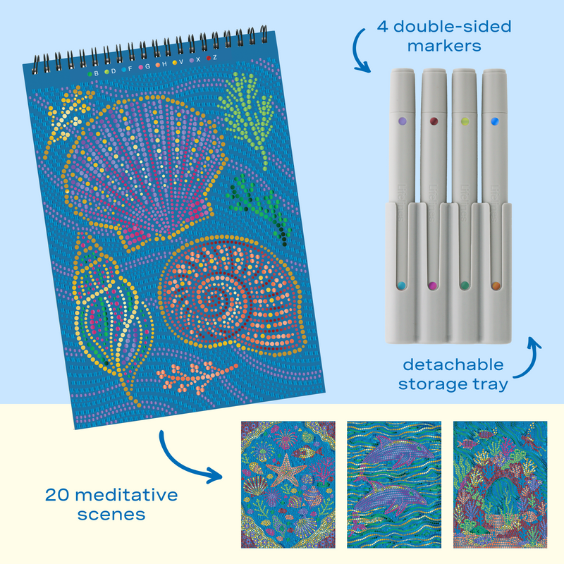 FlowArt dot-by-letter coloring book with ocean-themed designs and double-sided markers