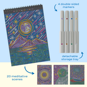 FlowArt dot-by-letter galaxy art kit with markers and meditative scene examples