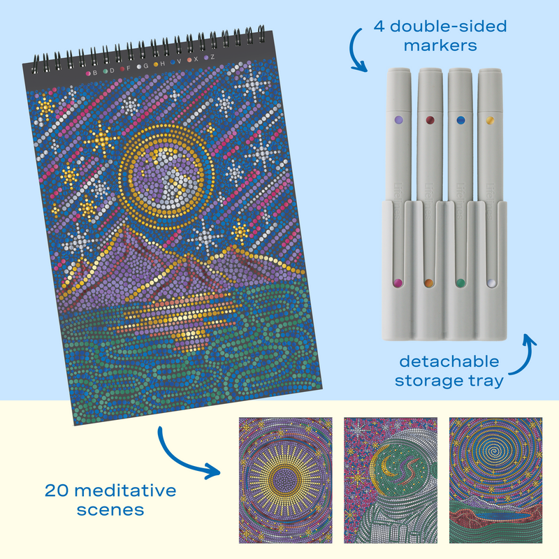 FlowArt dot-by-letter galaxy art kit with markers and meditative scene examples