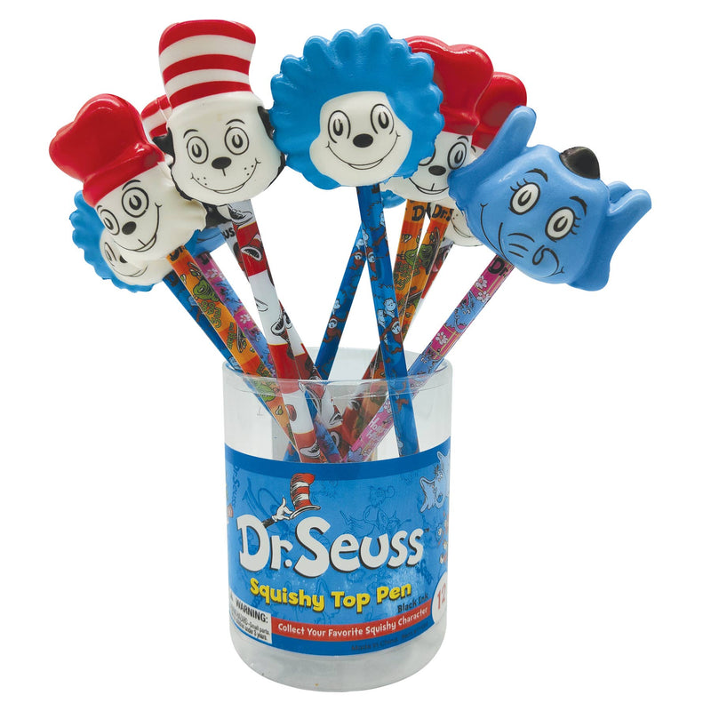Dr. Seuss squishy top pens with character heads displayed in clear container