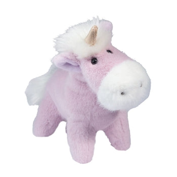 Purple and white plush unicorn toy with white mane and horn