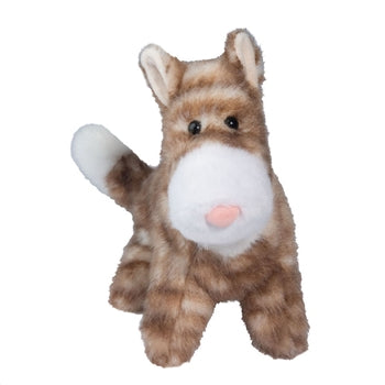 Brown tabby plush cat toy with white chest and pink nose on white background