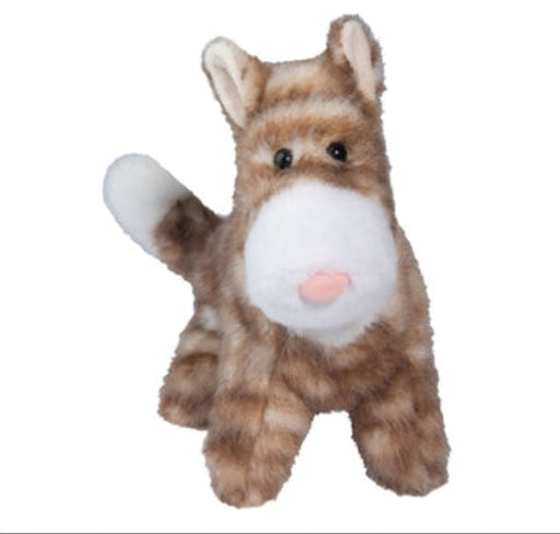 Brown tabby plush cat toy with white chest and pink nose on white background