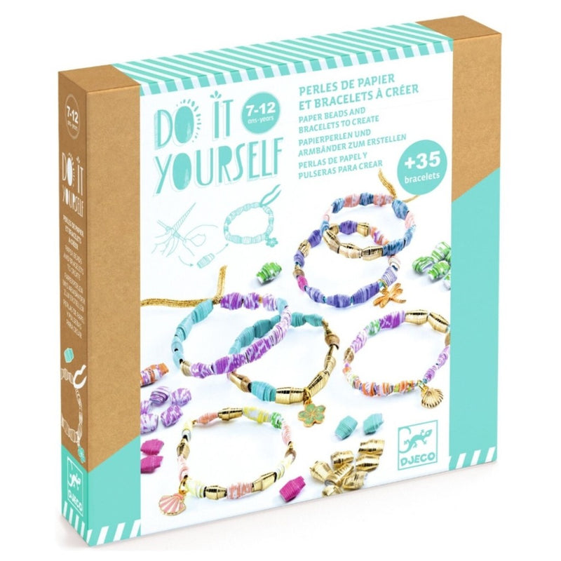DIY jewelry-making kit with colorful bracelets on a white background