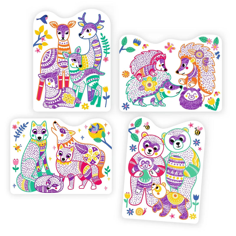 DJECO Forest Families Coloring set showing four completed colorful illustrated animal family scenes