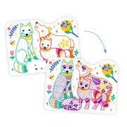 DJECO Forest Families coloring activity showing before and after woodland animals illustrations