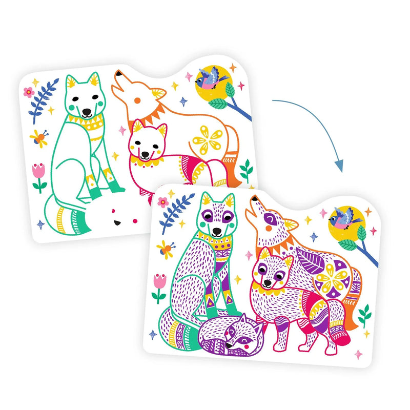 DJECO Forest Families coloring activity showing before and after woodland animals illustrations