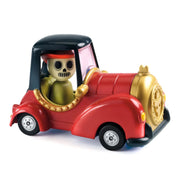 Red toy car with skeleton figure driver and black hood