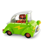 Green toy car with lightning bolt design and masked driver figure inside