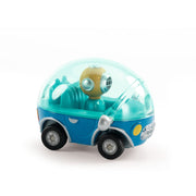 Blue toy car with clear dome containing diver figure and aquatic elements