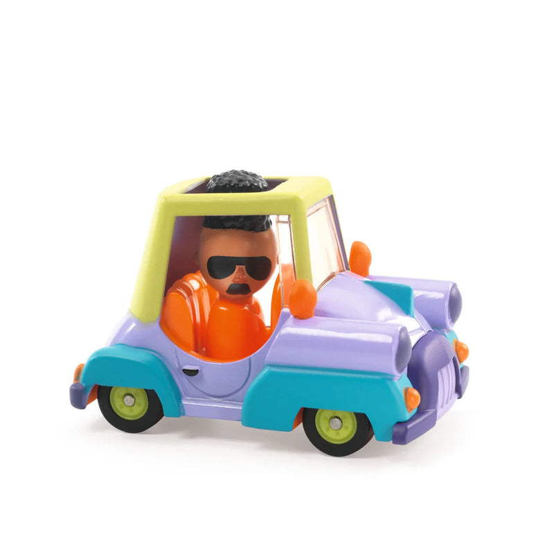 Colorful toy car with figure driver wearing sunglasses on white background