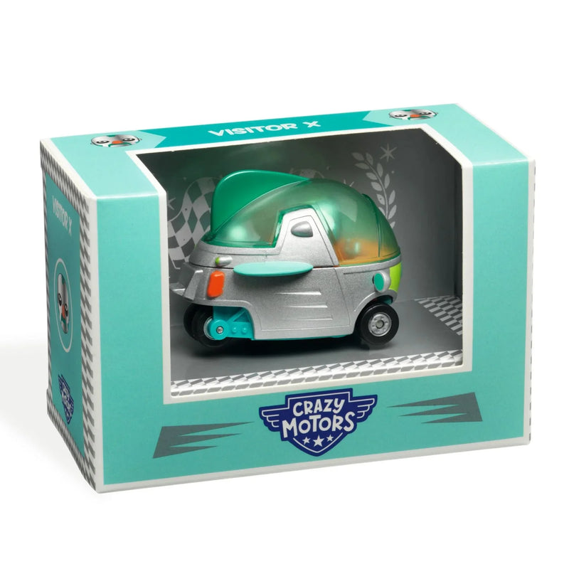 DJECO Crazy Motors Visitor X toy car in packaging with green helmet design
