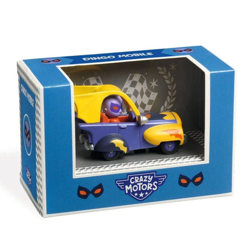 DJECO Crazy Motors Dingo Mobile toy car in purple and yellow flames packaging