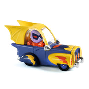 Blue toy car with yellow flame details and purple-helmeted driver figure