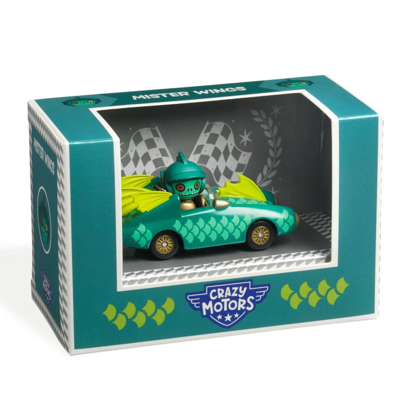 DJECO Crazy Motors Mister Wings toy car with dragon character in retail packaging