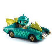 Teal fish-themed toy car with yellow fins and sea creature driver