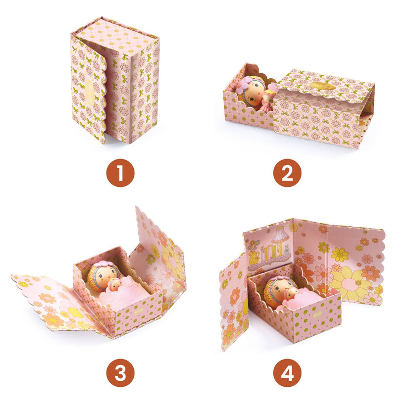 Djeco Tinyly Rose Tinyroom four-step unboxing sequence showing pink floral decorative box with baby doll figure