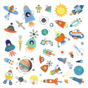 DJECO Interstellar space-themed sticker sheet with rockets, planets, astronauts, and celestial objects