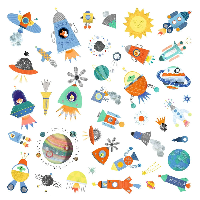 DJECO Interstellar space-themed sticker sheet with rockets, planets, astronauts, and celestial objects