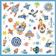 DJECO Interstellar sticker sheet featuring colorful space-themed designs including rockets, planets, astronauts, and cosmi...