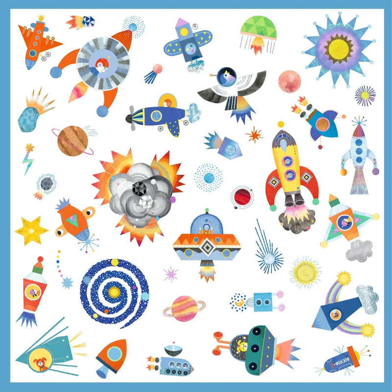 DJECO Interstellar sticker sheet featuring colorful space-themed designs including rockets, planets, astronauts, and cosmi...