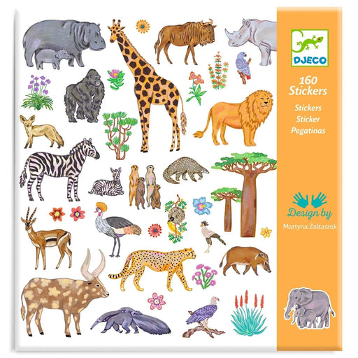 DJECO 160-piece Kenya safari animal sticker sheets on white background