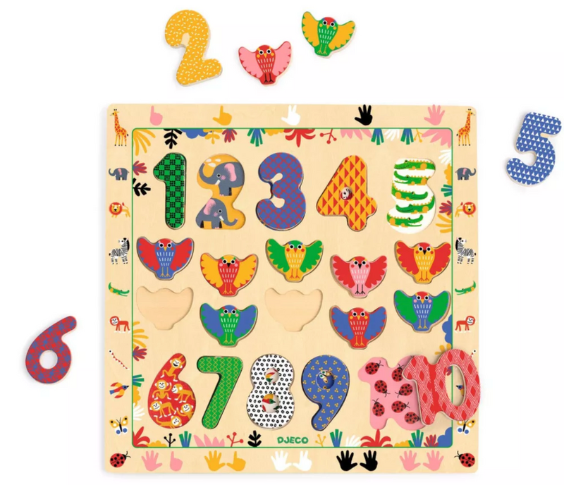 DJECO colorful wooden number puzzle 1 to 10 with animal-themed number pieces
