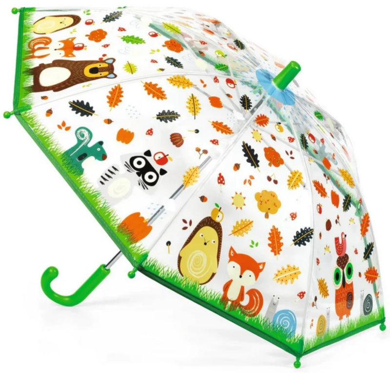 Clear dome children's umbrella with forest animals and green trim by DJECO