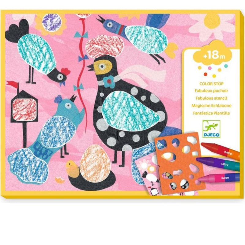 Djeco Color Stop children's art kit packaging, featuring a whimsical bird illustration on a pink background with a yellow border. The box includes a white label with product details and shows included colored pencils and stencil sheets.