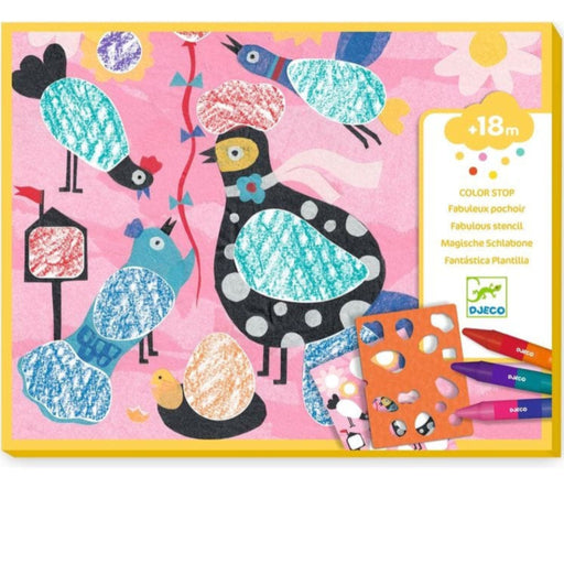 Djeco Color Stop children's art kit packaging, featuring a whimsical bird illustration on a pink background with a yellow border. The box includes a white label with product details and shows included colored pencils and stencil sheets.