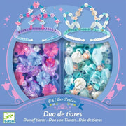 Packaged set of colorful beaded tiaras with DJECO branding on a blue background