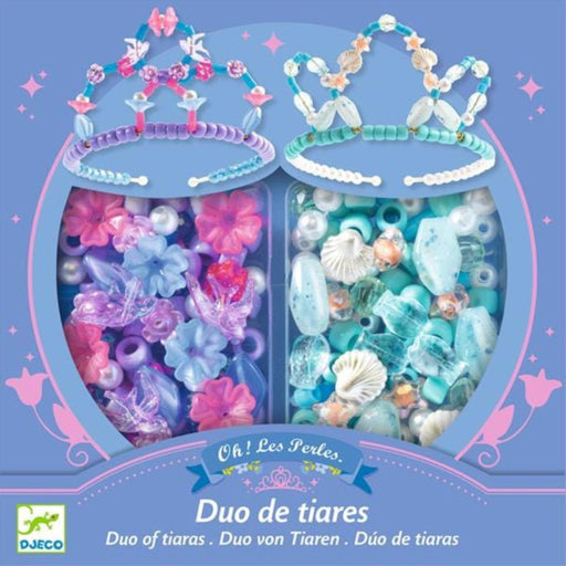 Packaged set of colorful beaded tiaras with DJECO branding on a blue background