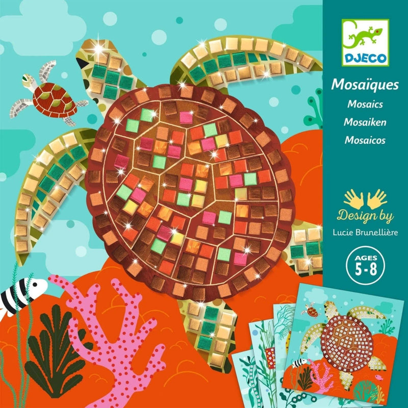 Tortoise mosaic art set with colorful tiles and ocean-themed background, featuring DJECO branding.