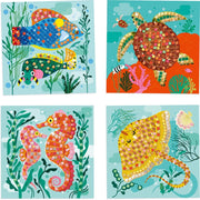 Four colorful illustrations of marine animals on a blue background with underwater elements.