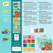 Djeco mosaic kit packaging with colorful illustrations and text on a blue background