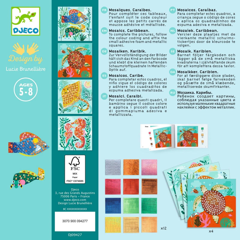 Djeco mosaic kit packaging with colorful illustrations and text on a blue background