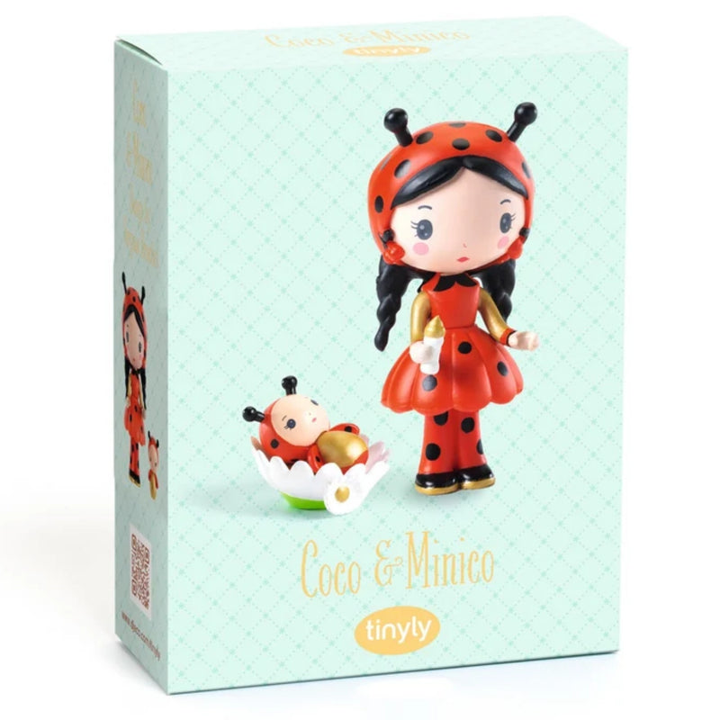 A boxed collectible figurine set labeled 'Coco & Mimico' by Tinyly, shown against a plain white background. The packaging is pale mint green with a subtle diamond pattern and features illustrations of a ladybug character and the figurine itself.