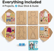 Cardboard cutouts with templates, glue stick, and guide for craft projects on a white background.