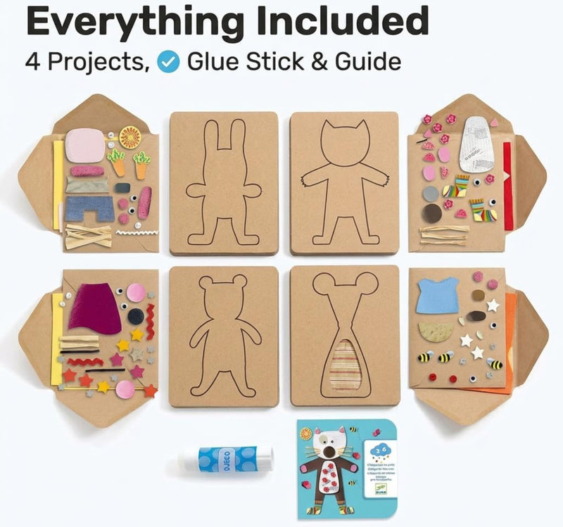 Cardboard cutouts with templates, glue stick, and guide for craft projects on a white background.