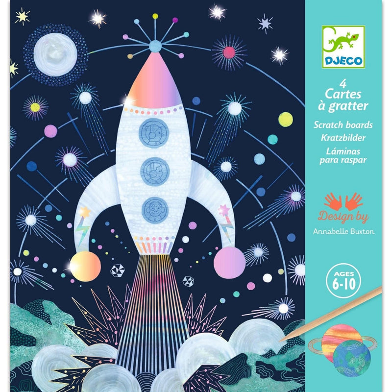 Scratch board with a space-themed design featuring a rocket ship and planets, branded with Djeco.