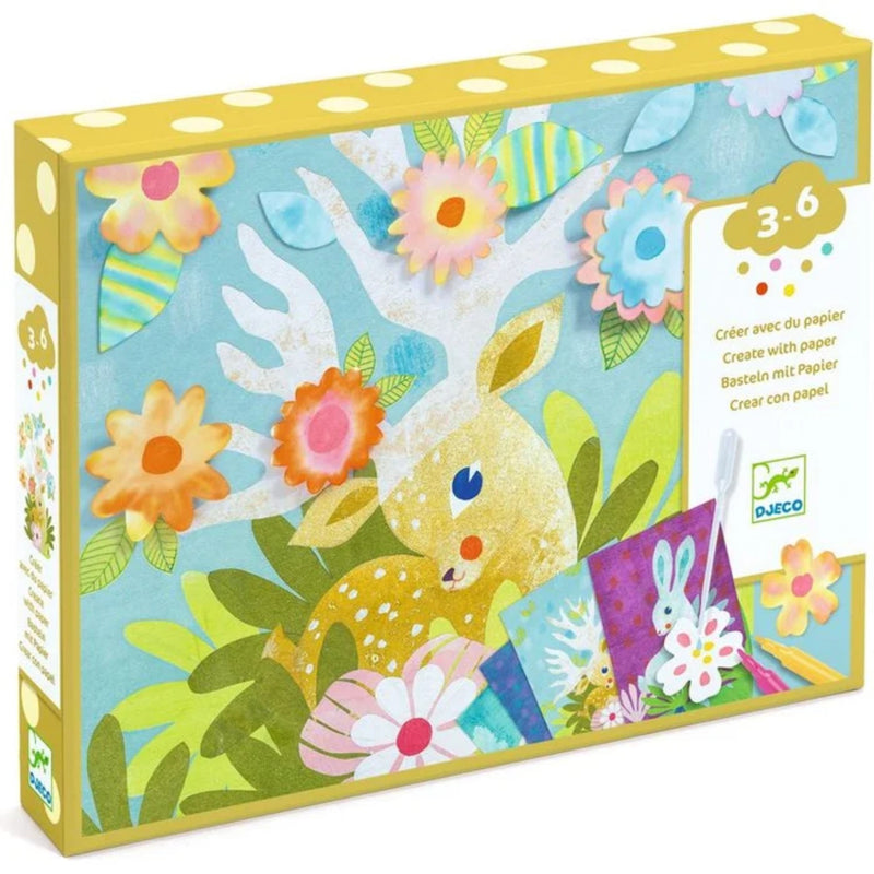 Children's craft kit packaging with a deer and flowers design, featuring Djeco branding.