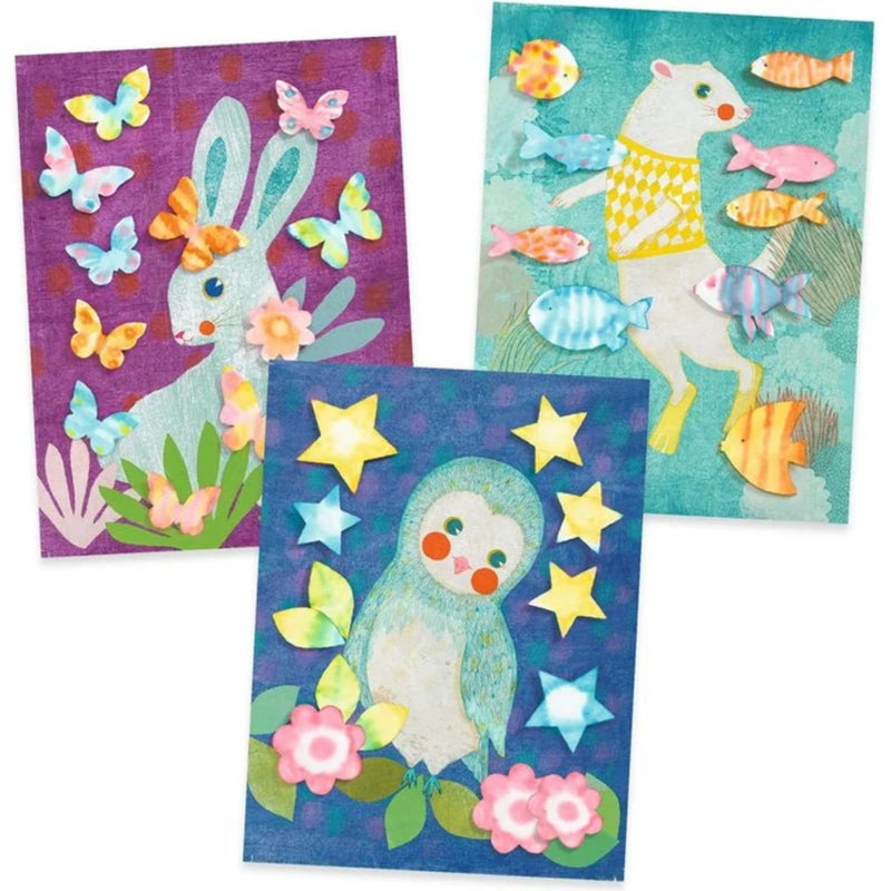 Samples of art that can be created with this kit from DJECO.  A bunny on a purple background, an owl on a blue background surrounded by stars and a mouse surrounded by fish.  